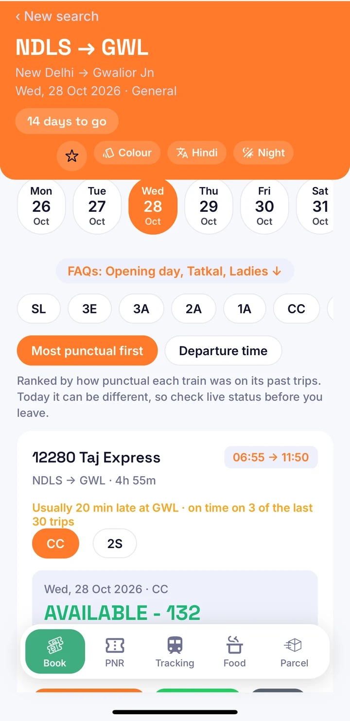 ClearBerth Book tab showing trains and seat availability