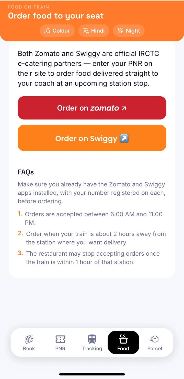 ClearBerth Food tab with Order on Zomato and Order on Swiggy buttons