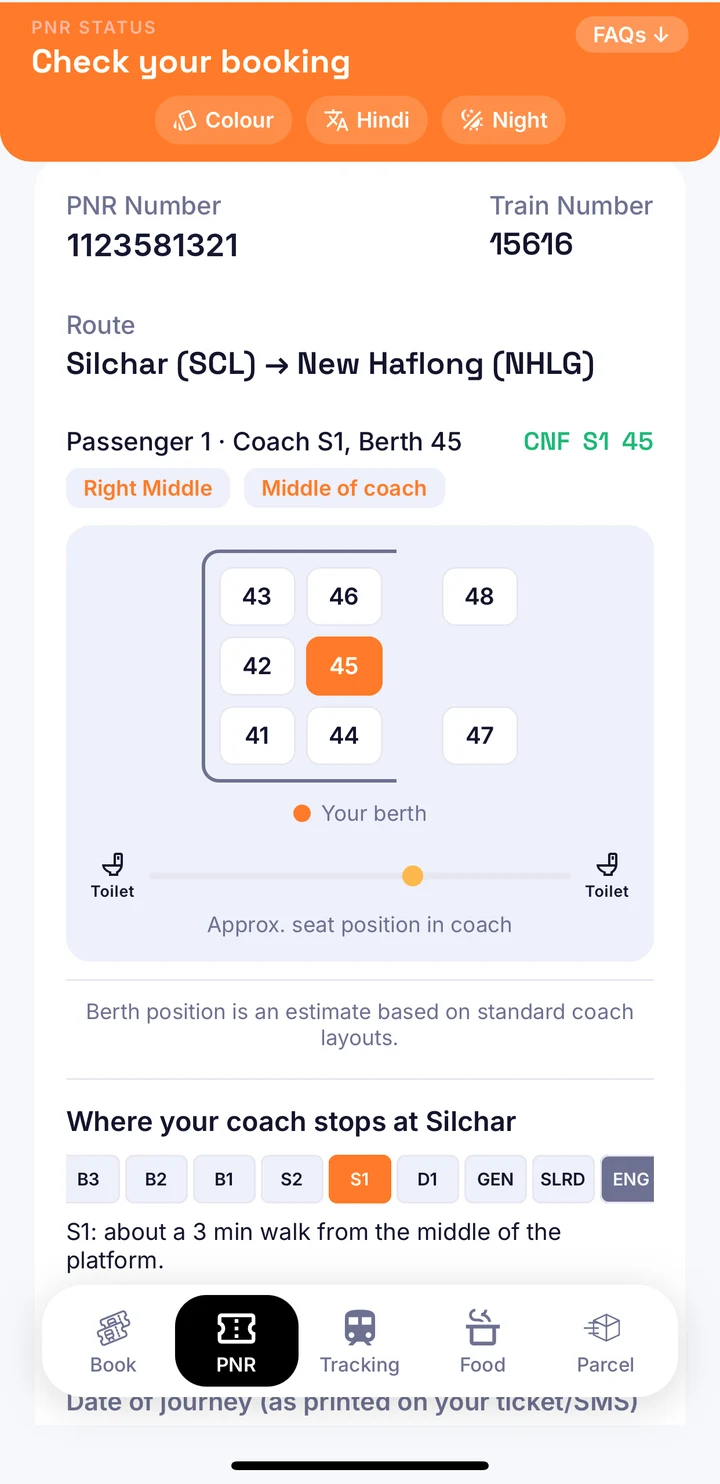 ClearBerth PNR status screen with a seat diagram and the passenger's berth highlighted